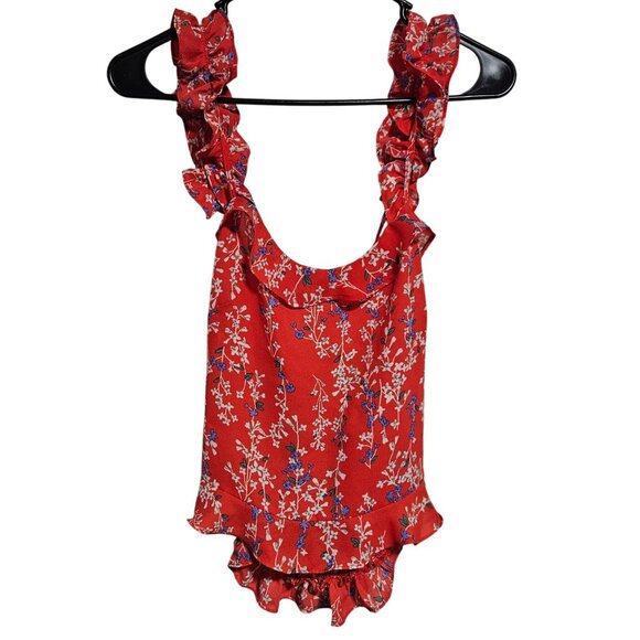 Anthropologie Moon River Red Floral Top Womens Size Medium Ruffle Sleeveless - Picture 1 of 7